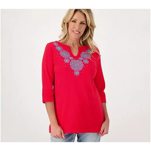 Quacker Factory Tops - Quacker Factory Womens Lace And Stones Split Neck Tunic Top Size XXS Red Blue